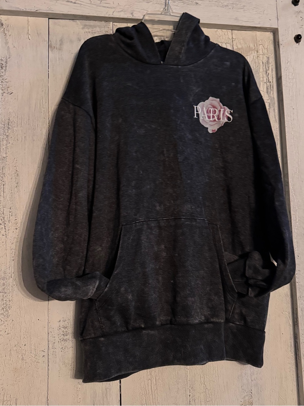 Paris hoodie Black Washed Crewneck with Pink Rose 'PARIS' Graphic new